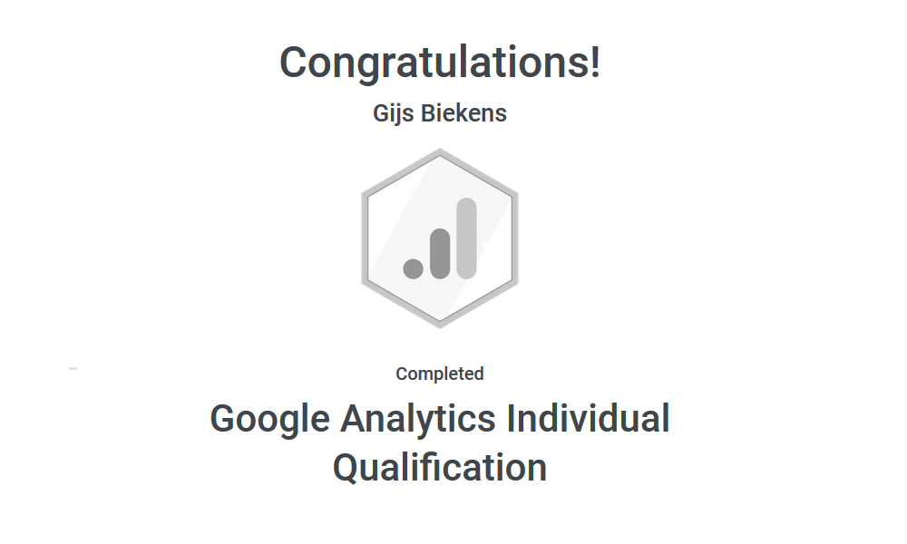 Een printscreen van de door mij behaalde Google Analytics Individual Qualification.