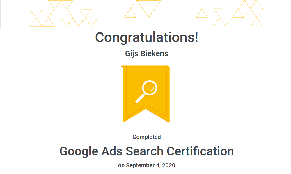 Een afbeelding van mijn Google Ads Search Certification.